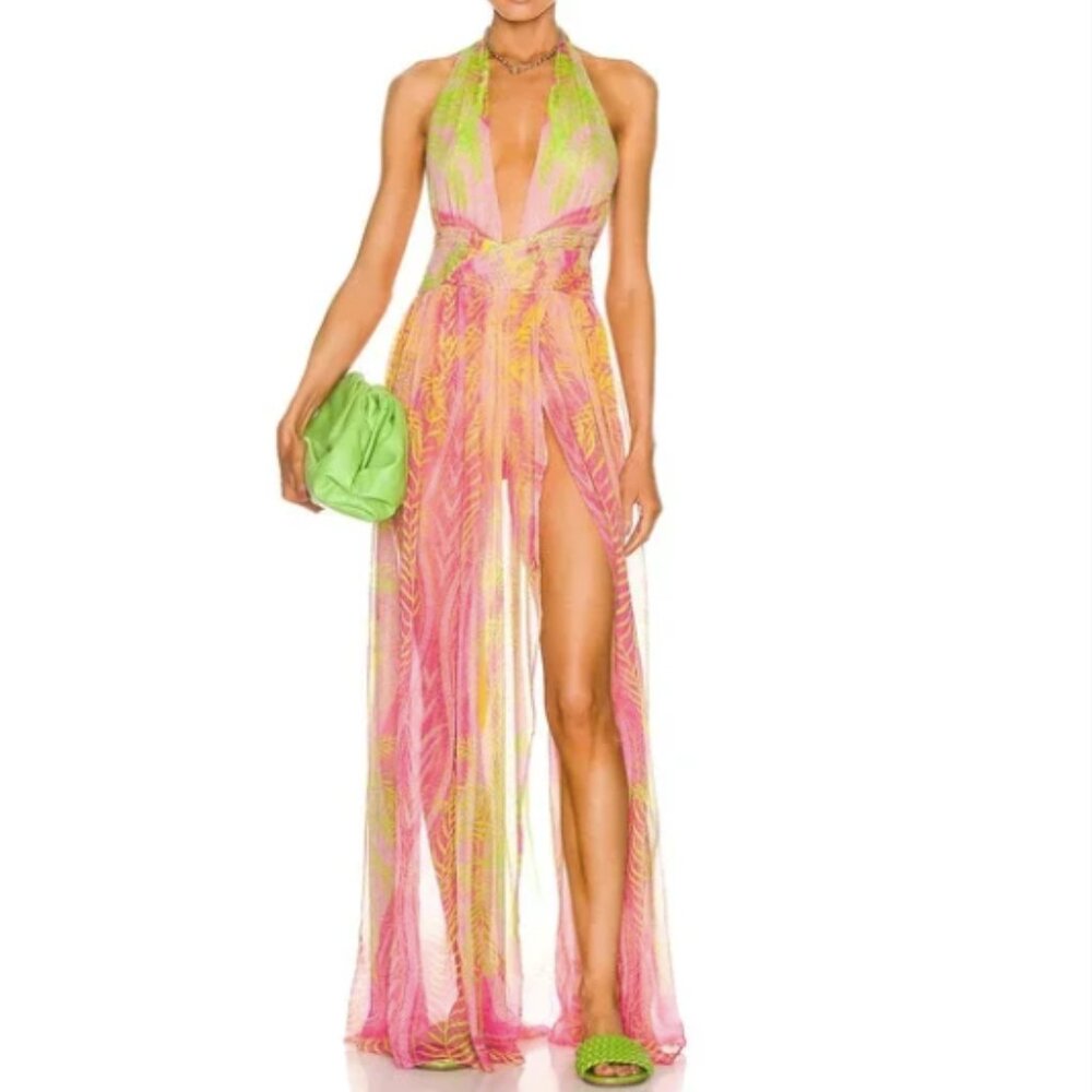 Retrofete Pink and Lime Sheer Halter Gown